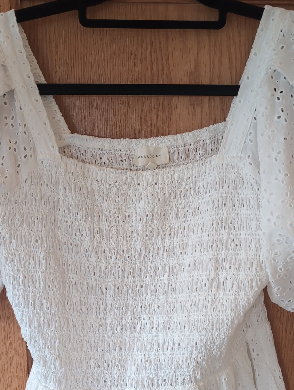 Melloday White Eyelet Smocked Square-Neck Dress Size S